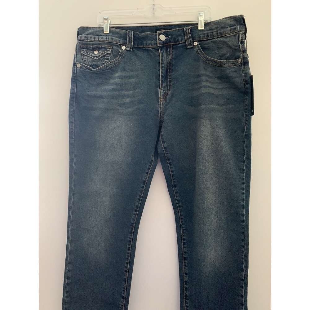 NWT TRUE RELIGION Sz 38 X 32 Geno BIG T SLIM W/FLAP STRETCH DENIM JEANS